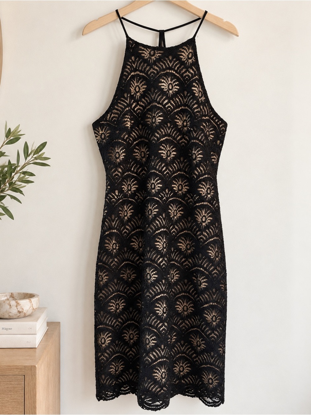 Monteau Black Lace Nude Lined Halter Midi Dress M